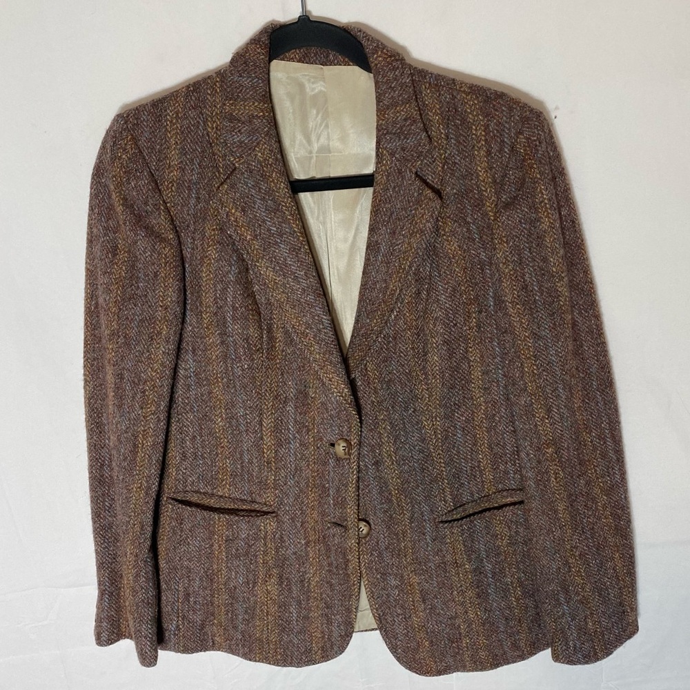 Vintage Pierre Balmain Striped Brown Wool Tweed Blazer 36R Academia Dadcore